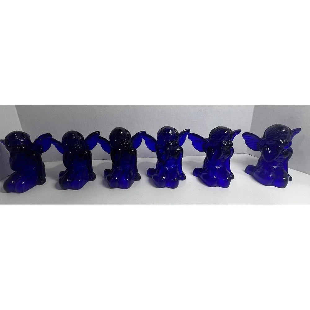 Vintage Cobalt Blue Glass Sitting Cherub Taper Candlestick Holders Set of 6